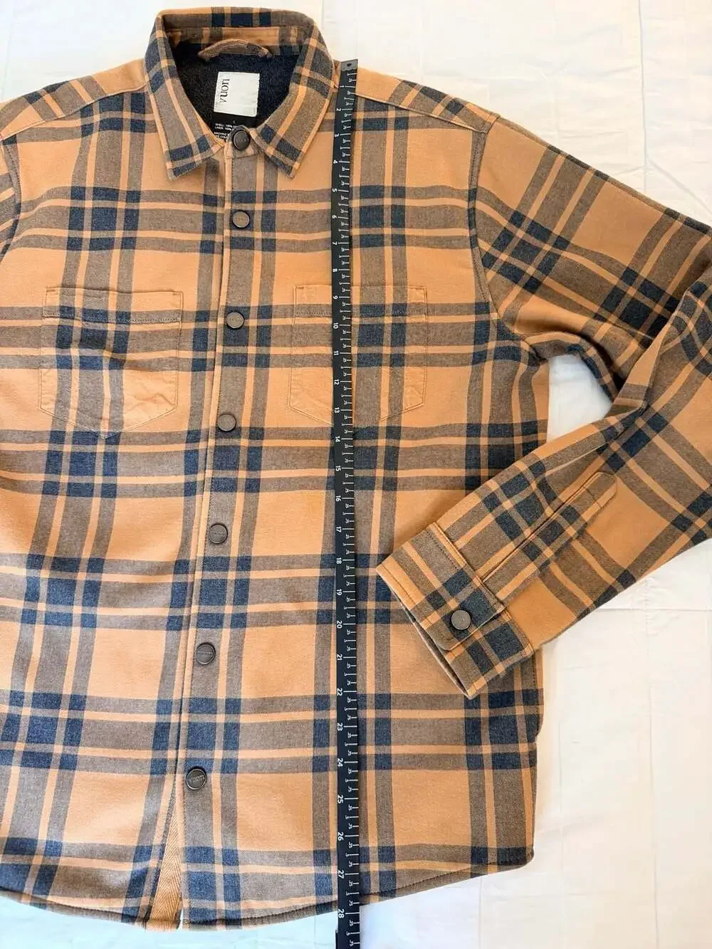 Vuori Fleece Lined Plaid Shacket Jacket Brown Black Snap Front Size L